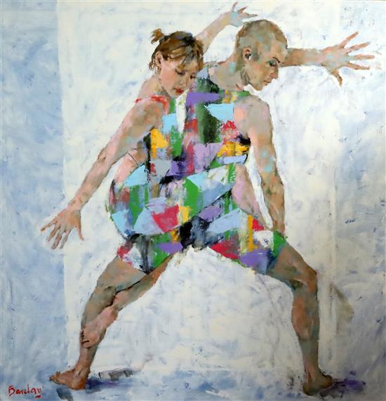 § Muriel Barclay (20th C. Scottish) Harlequin dancers 40 x 40in.